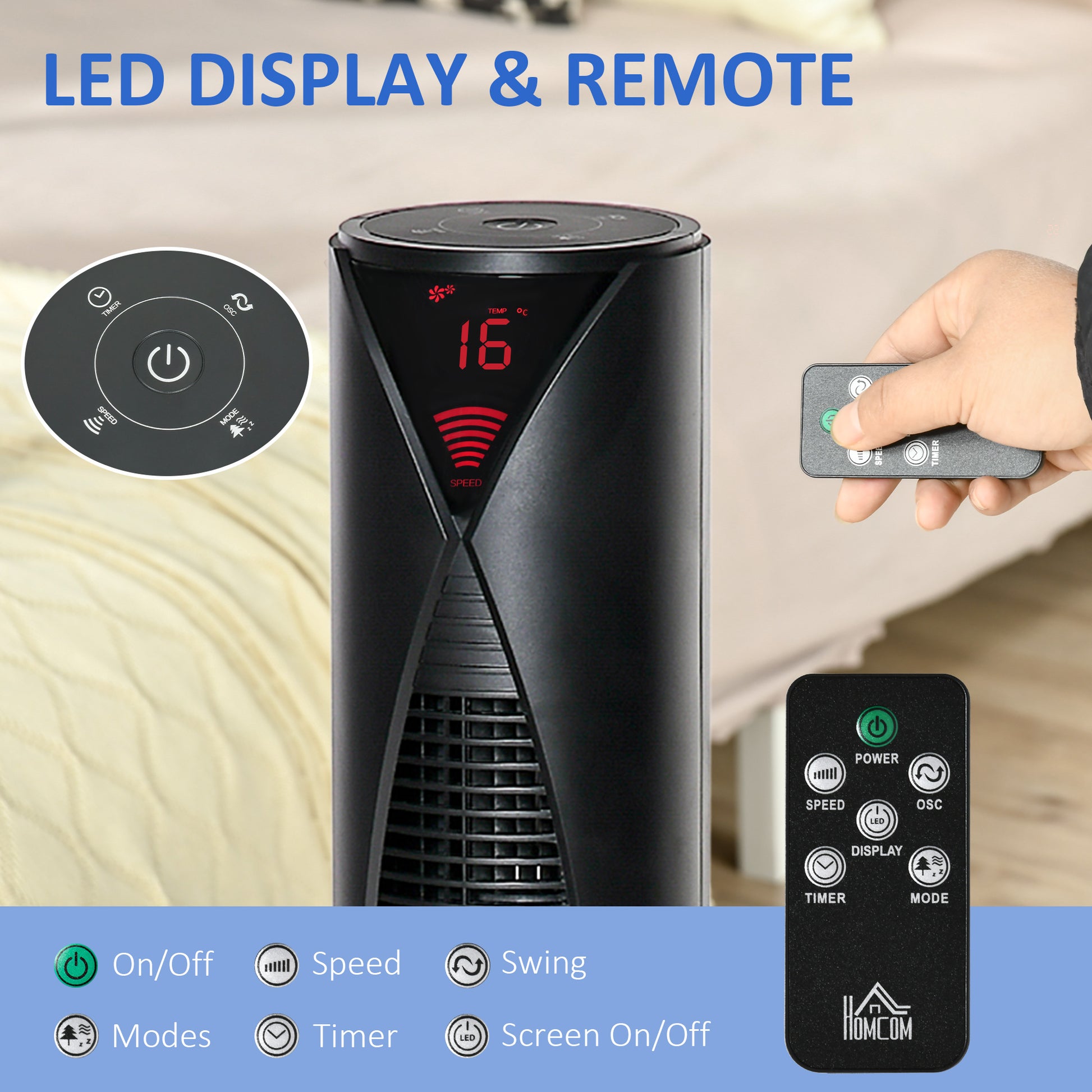 Freestanding Tower Fan Cooling for Home Bedroom with 3 Speed, 12h Timer, Oscillating, LED Sensor Panel, Remote Controlle