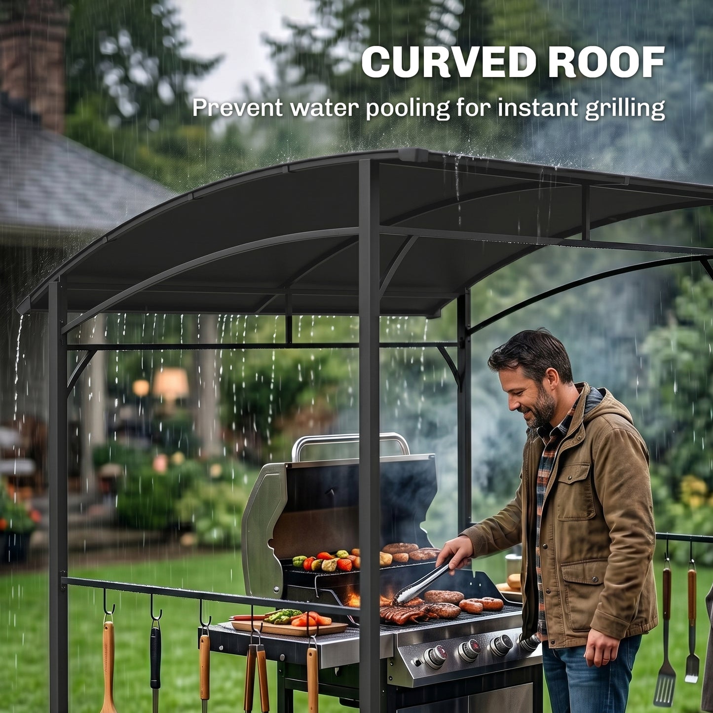 7' x 5' Garden Grill Canopy, BBQ Grill Gazebo Tent with Steel Frame and Hooks, Outdoor Sun Shade, Charcoal Grey