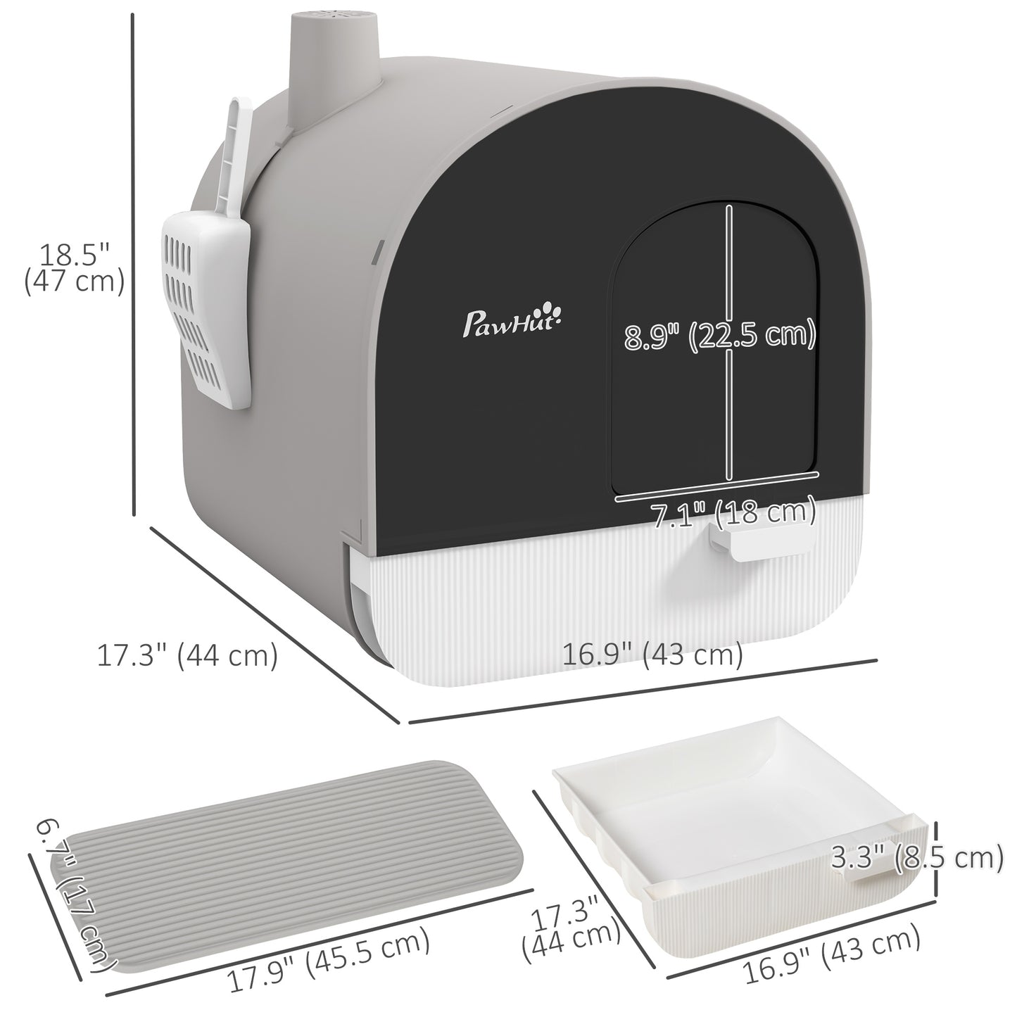 Cat Litter Box with Lid, Removable Tray, Scoop, Filter, Light Grey