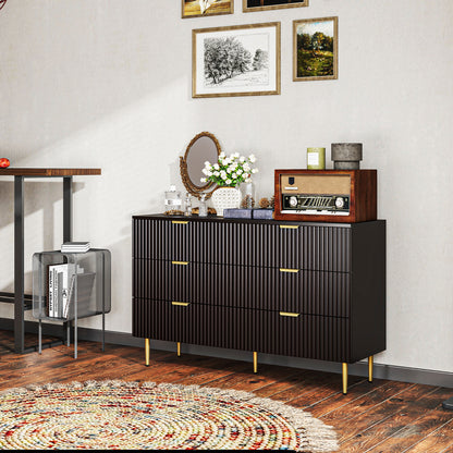 Modern Chest of Drawers 6 Drawer Dresser for Bedroom with Gold Legs and Handles, Black
