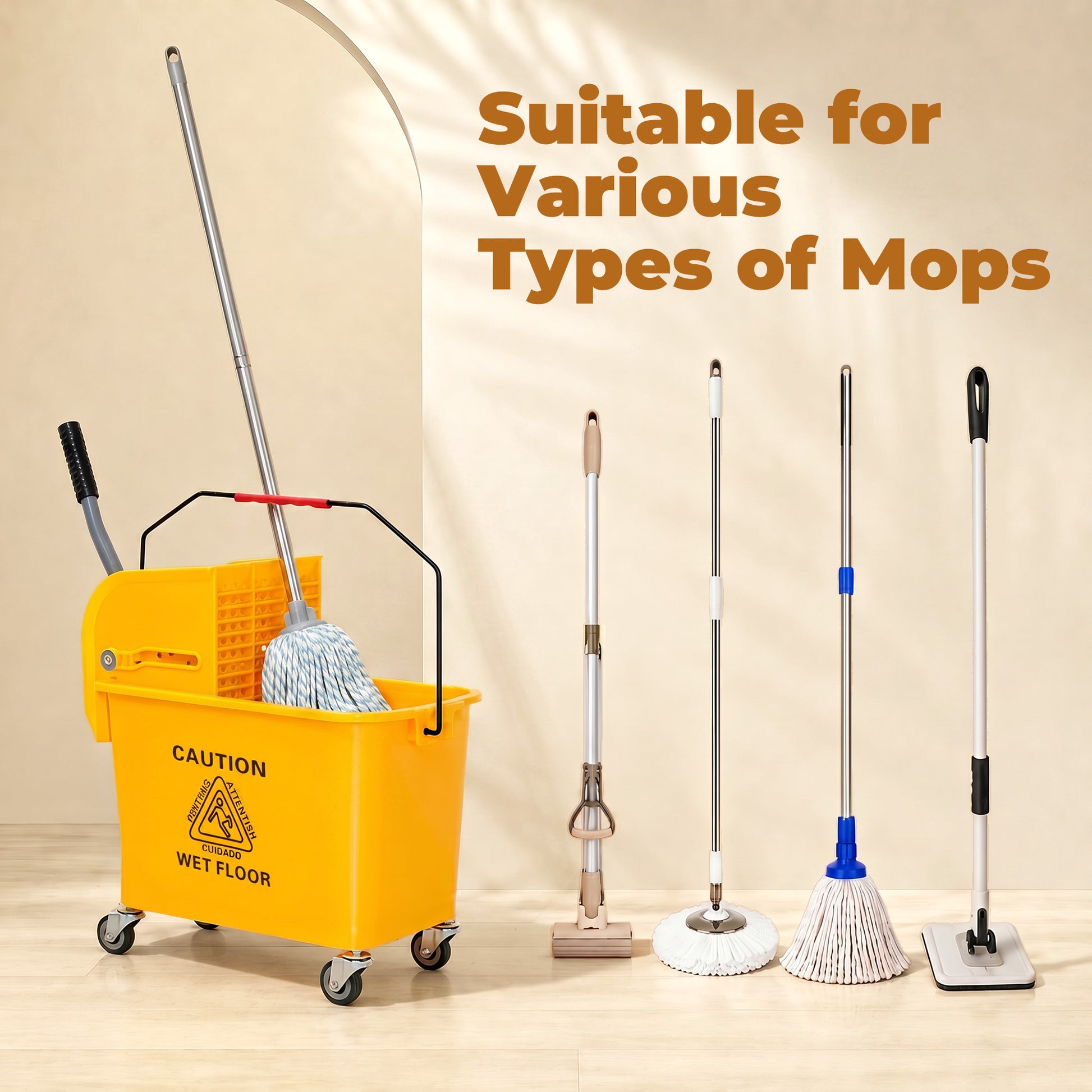 Compact Mop Bucket with Wringer, Mop Bucket on Wheels, 5 Gallon, Separate Dirty and Clean Water, Yellow