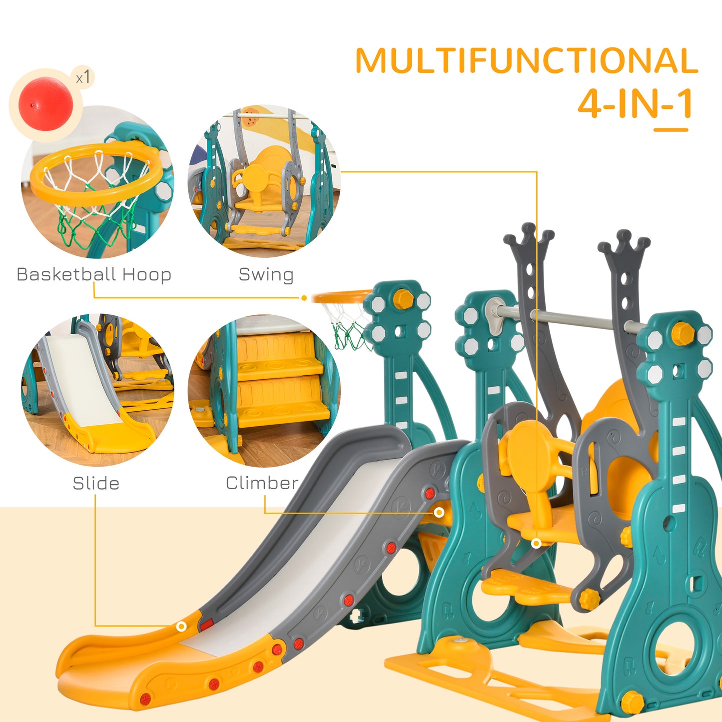 Qaba 4-in-1 Toddler Slide and Swing Set with Basketball Hoop and Adjustable Seat Height, Kids Play Climber Slide Playset