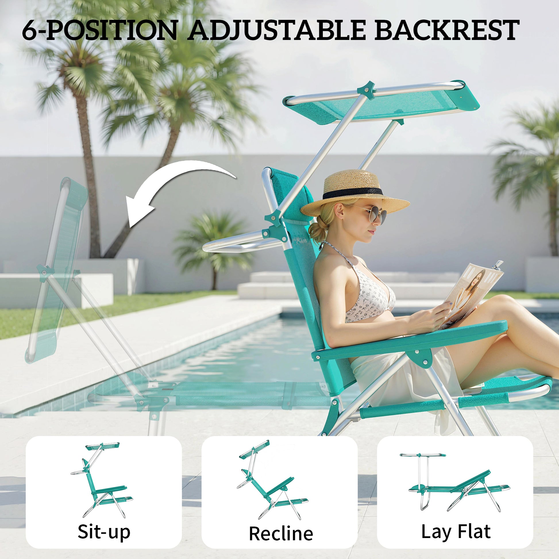 2 Piece Folding Beach Chairs with Adjustable Canopy, 6-Position Reclining Lounge Chair with Headrest, Turquoise