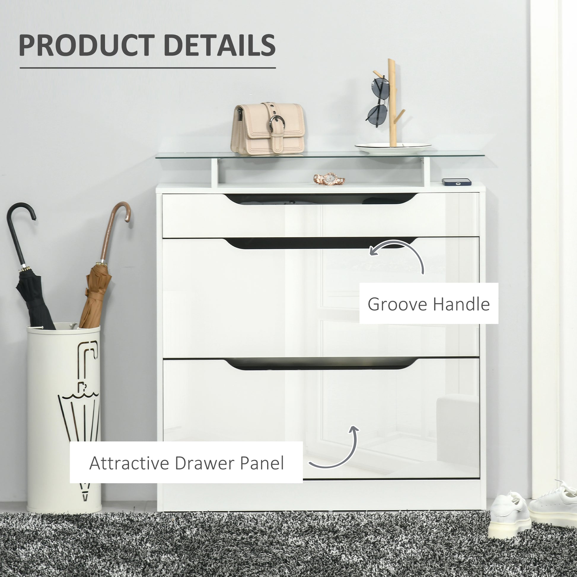 High Gloss Shoe Cabinet with 2 Flip Drawers and Adjustable Shelves, Narrow Shoe Storage Cabinet with Glass Top, White