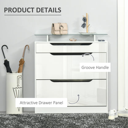 High Gloss Shoe Cabinet with 2 Flip Drawers and Adjustable Shelves, Narrow Shoe Storage Cabinet with Glass Top, White