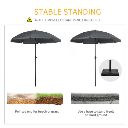 6ft Beach Umbrella, Outdoor Sun Shade Parasol with Push Button Tilt, Ruffled  UV50+ Vented Canopy, Dark Grey