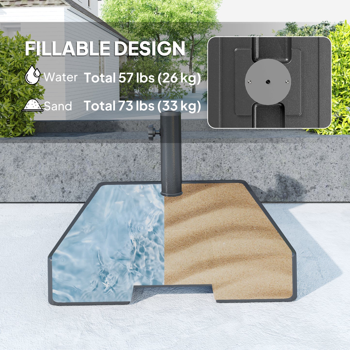 Plastic Square Patio Umbrella Base with Wheels Handle, Heavy Duty Outdoor Umbrella Stand Base, Filled Up to 73lb with St