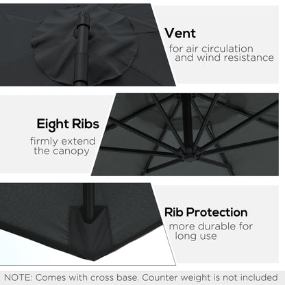 9.7ft Offset Patio UmbrellaCantilever Parasol with Crank Handle, 8 Ribs and Cross Base for Outdoor, Sun Shade, Black