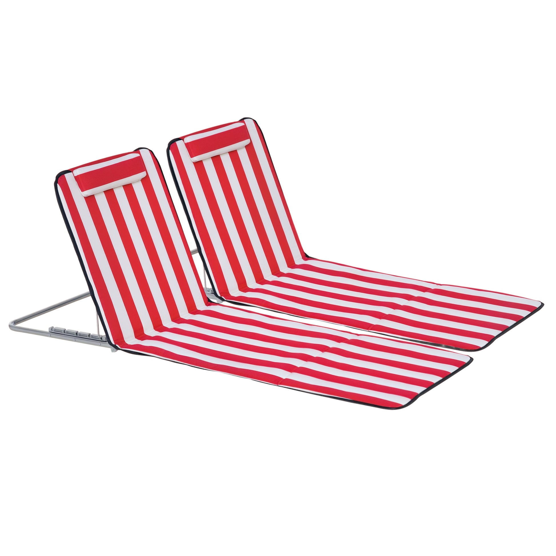 Set of 2 Beach Lounge Chair Sun Lounger, Folding Ground Beach Mat w/ Adjustable Back, Steel Frame, Head Pillow and Carry