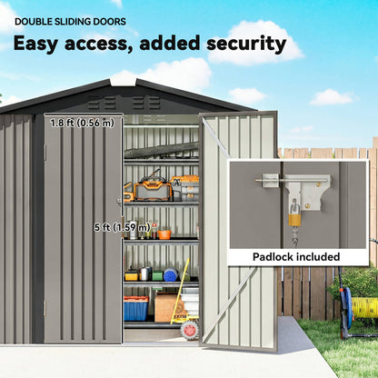 6.5' x 4'  Outdoor Storage Shed, Metal Garden Shed with Lockable Double Doors, 4 Vents, Light Grey