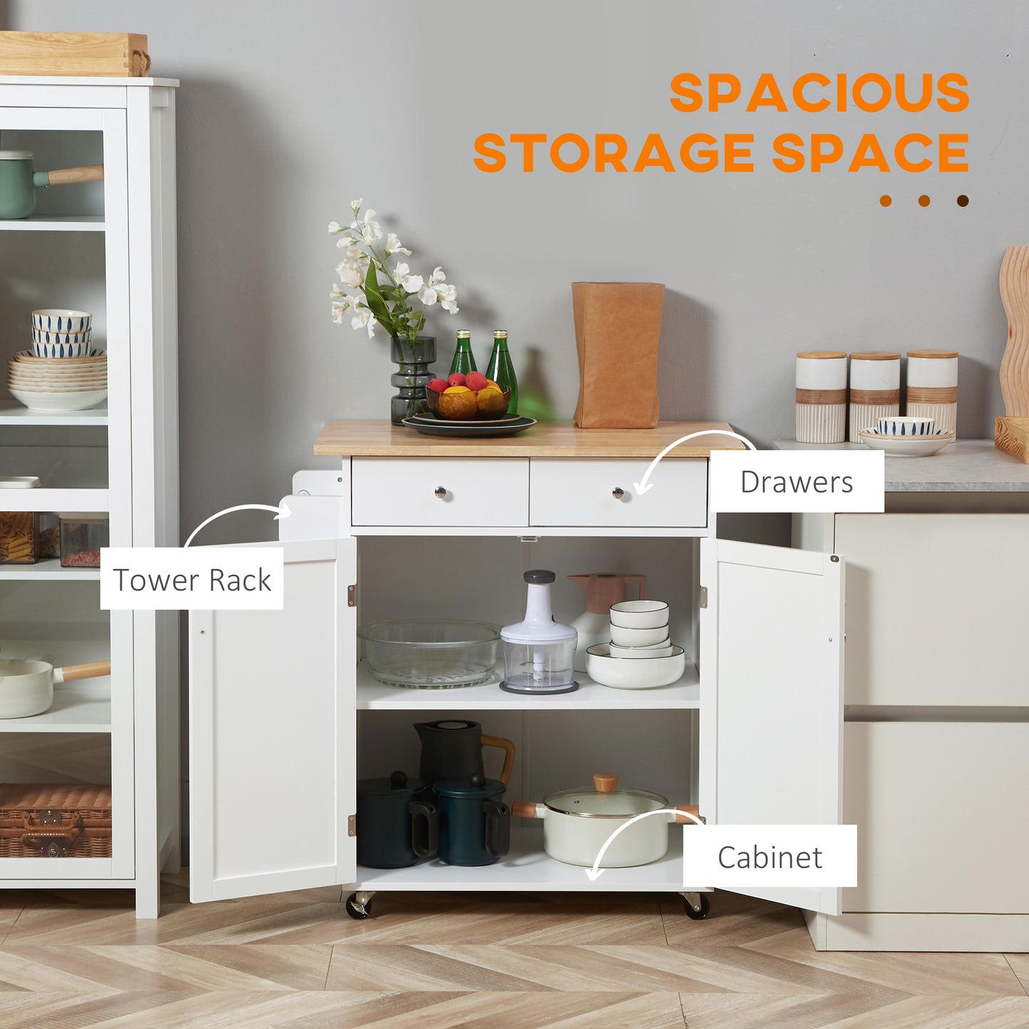 Rolling Kitchen Island with Storage, Kitchen Cart with Rubber Wood Top, Adjustable Shelf, Towel Rack, Hooks and Storage 