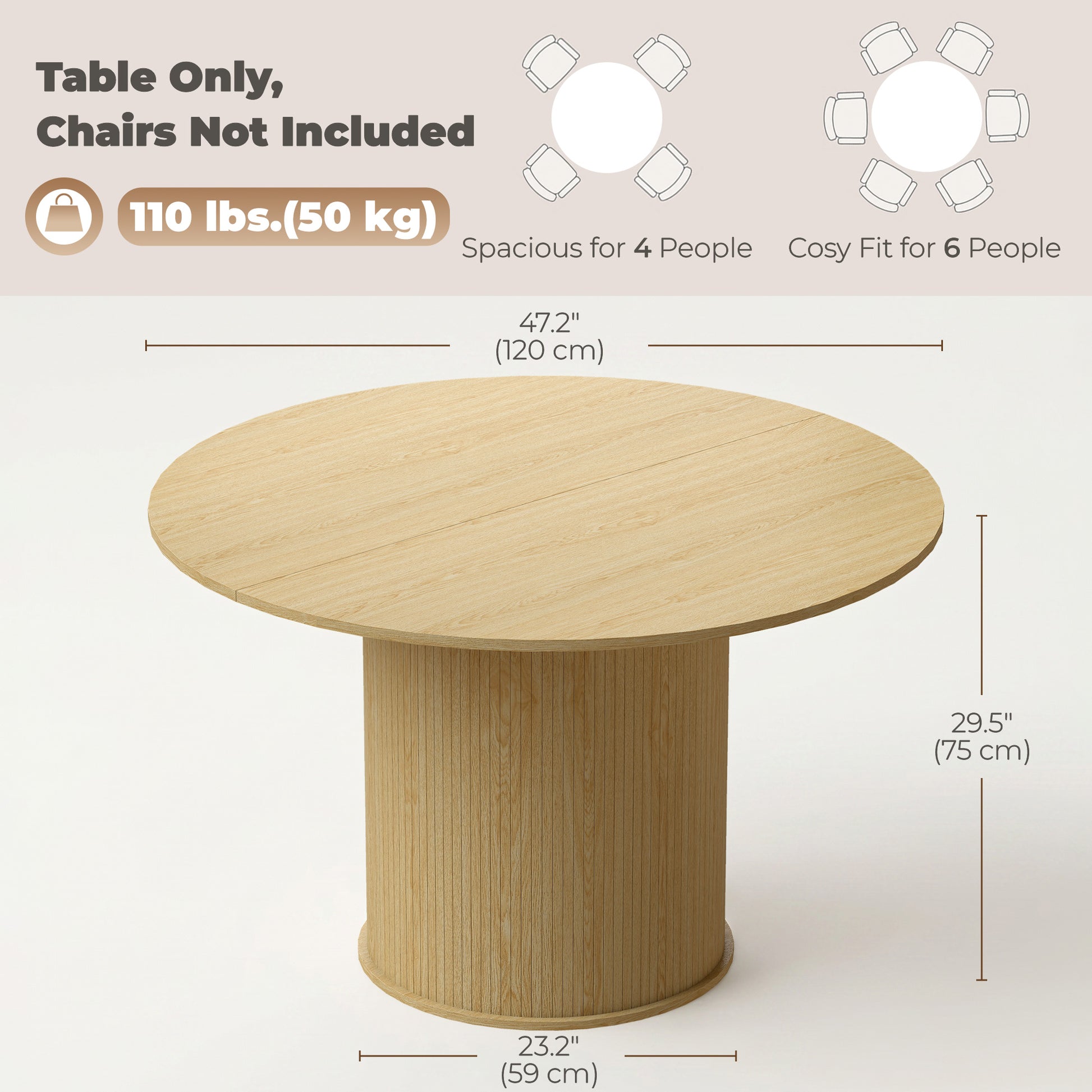 Round Dining Table for 4-6, 47 Inch Kitchen Table with Fluted Pedestal Base, for Kitchen Living Room Dining Room, Natura