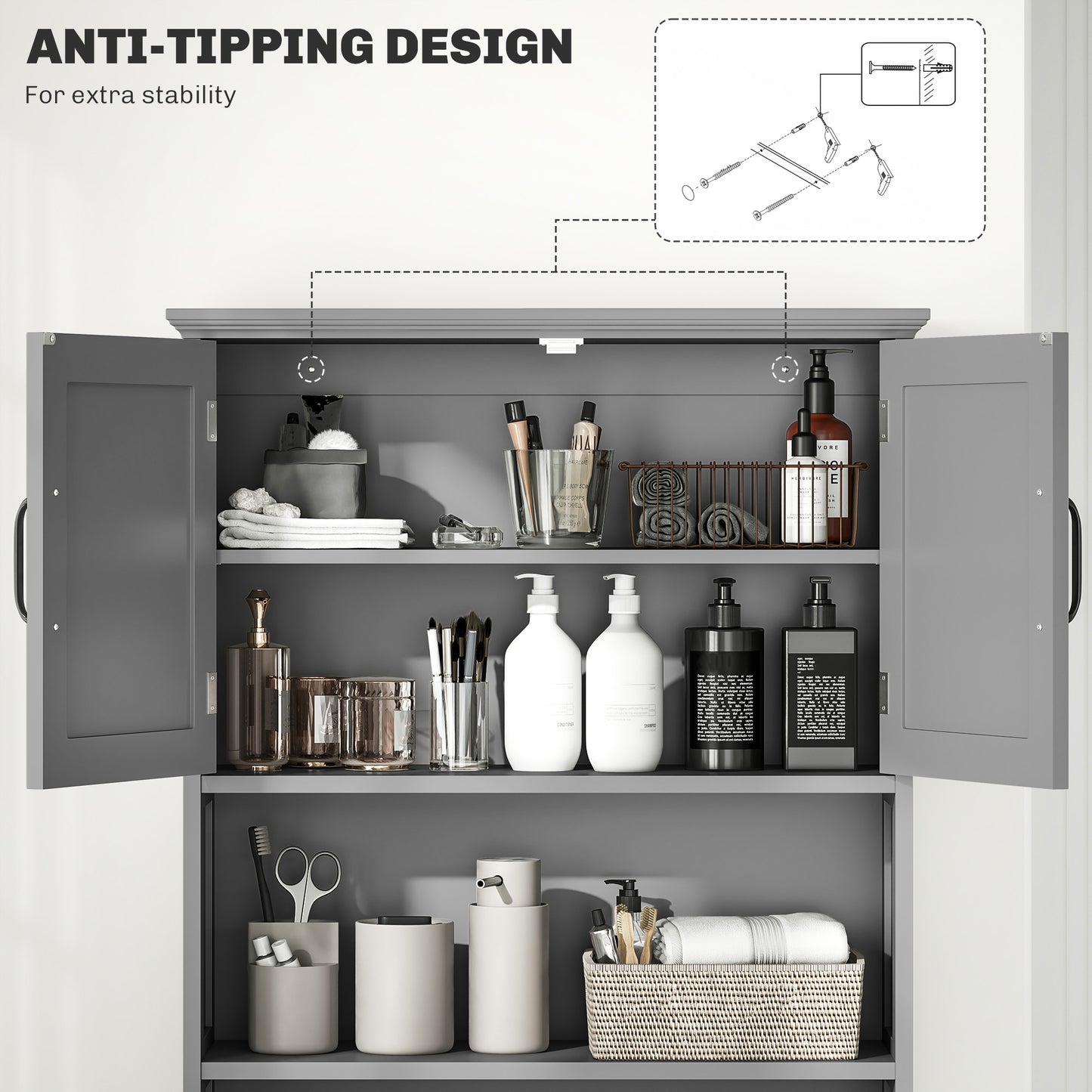 Modern Over The Toilet Storage, Bathroom Cabinets Over Toilet with Open Shelves and Double Door Cabinet, Grey