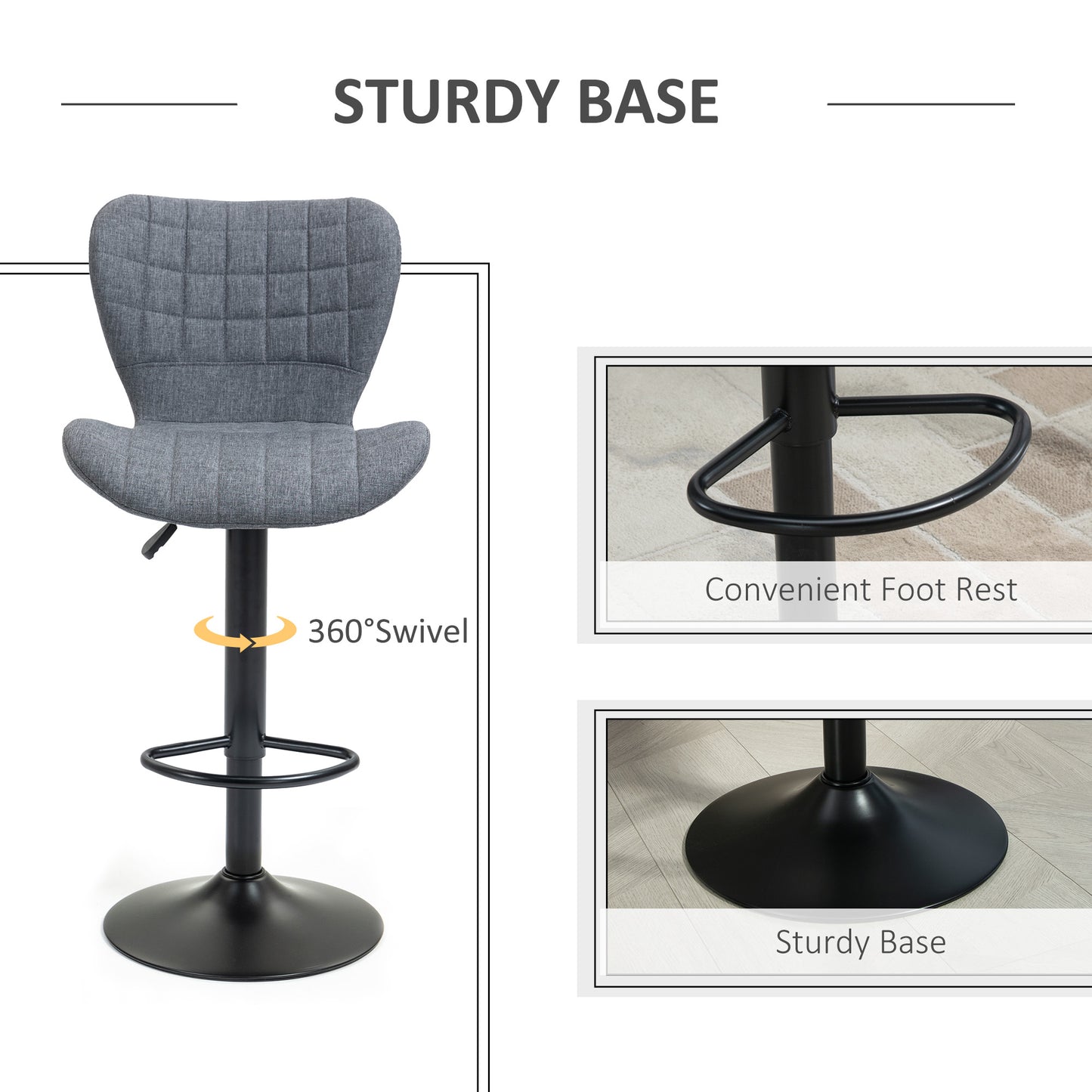 Bar Stools Set of 2, Adjustable Height Swivel Bar Chairs, Linen-feel Fabric Upholstered Kitchen Counter Stools with Wide