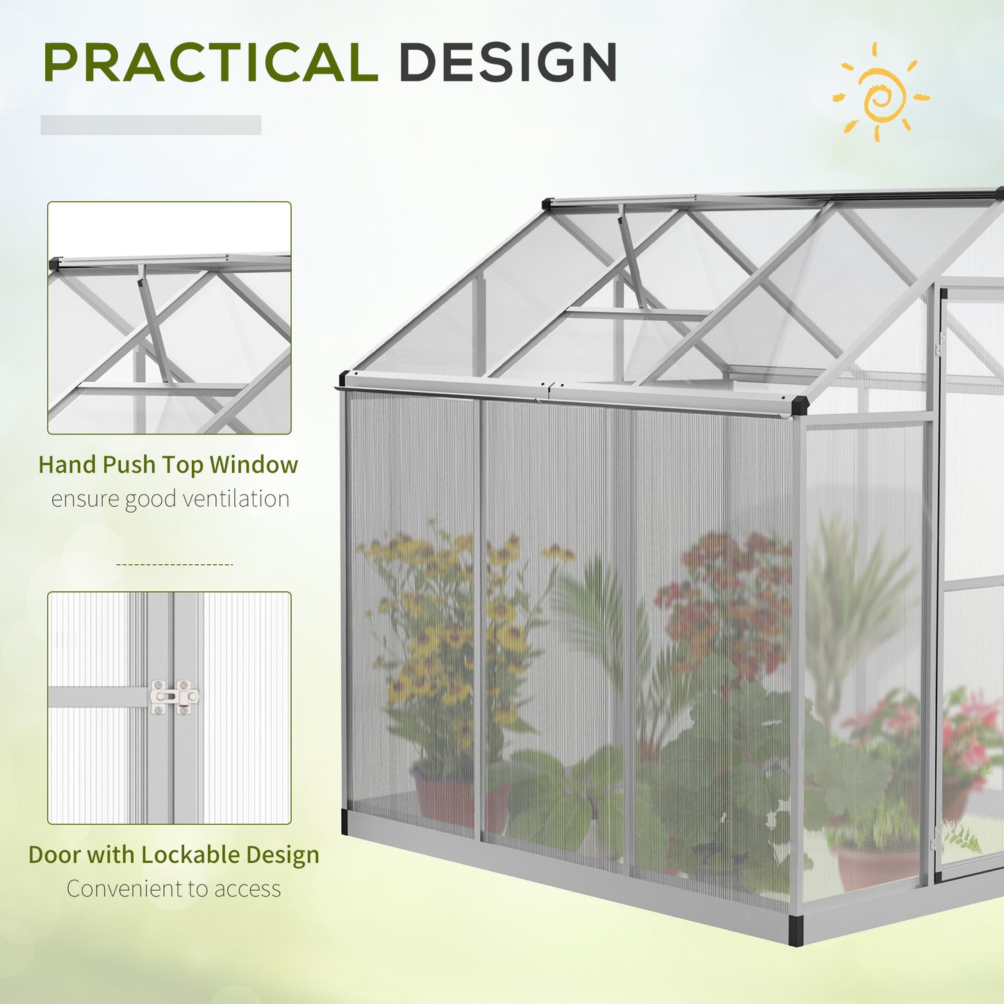 6' x 6' x 6.4' Walk-in Garden Greenhouse Polycarbonate Panels Plants Flower Growth Shed Cold Frame Outdoor Portable Warm