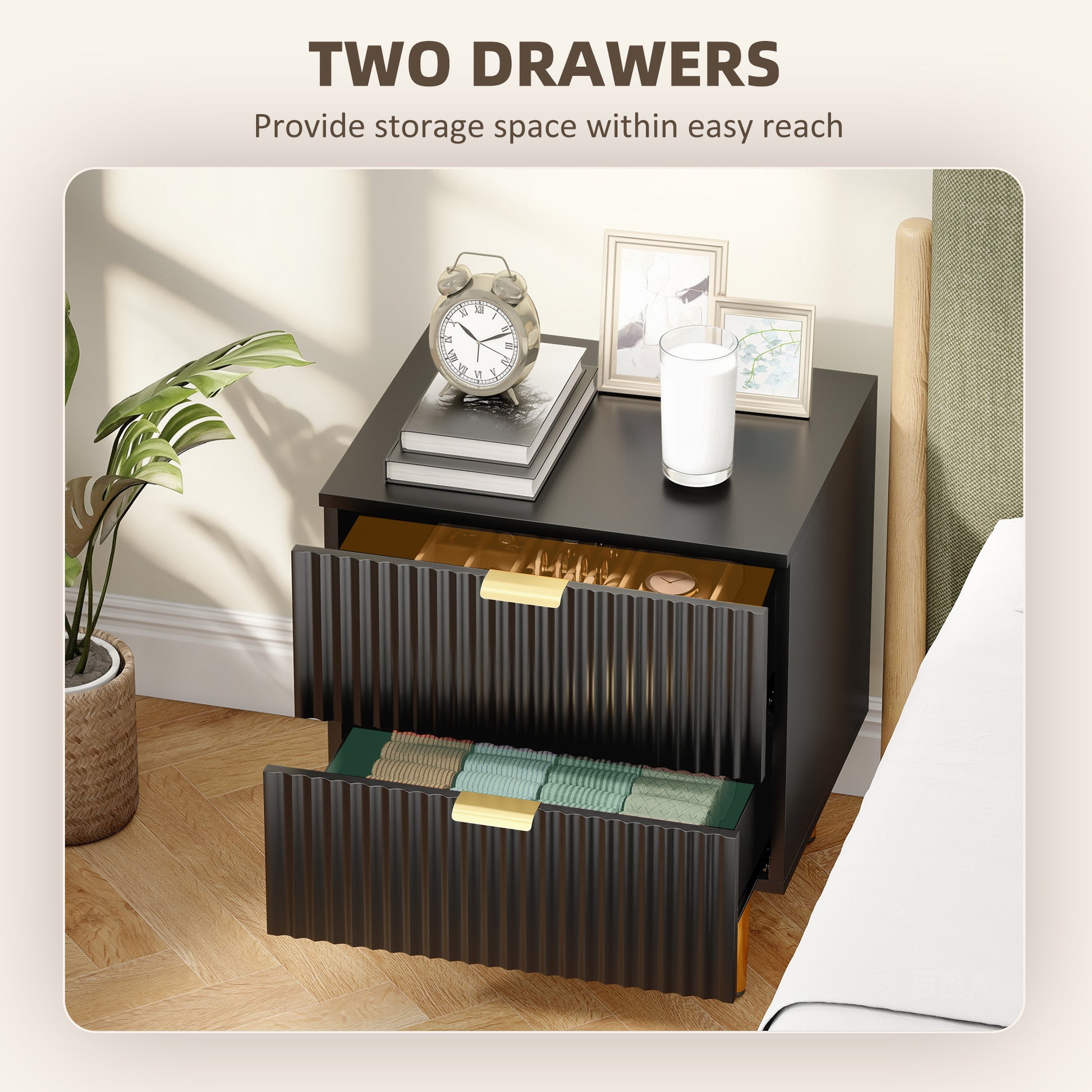 Bedside Table Set of 2, Modern Nightstand with 2 Drawers, Side End Table with Metal Legs for Living Room, Bedroom, Black