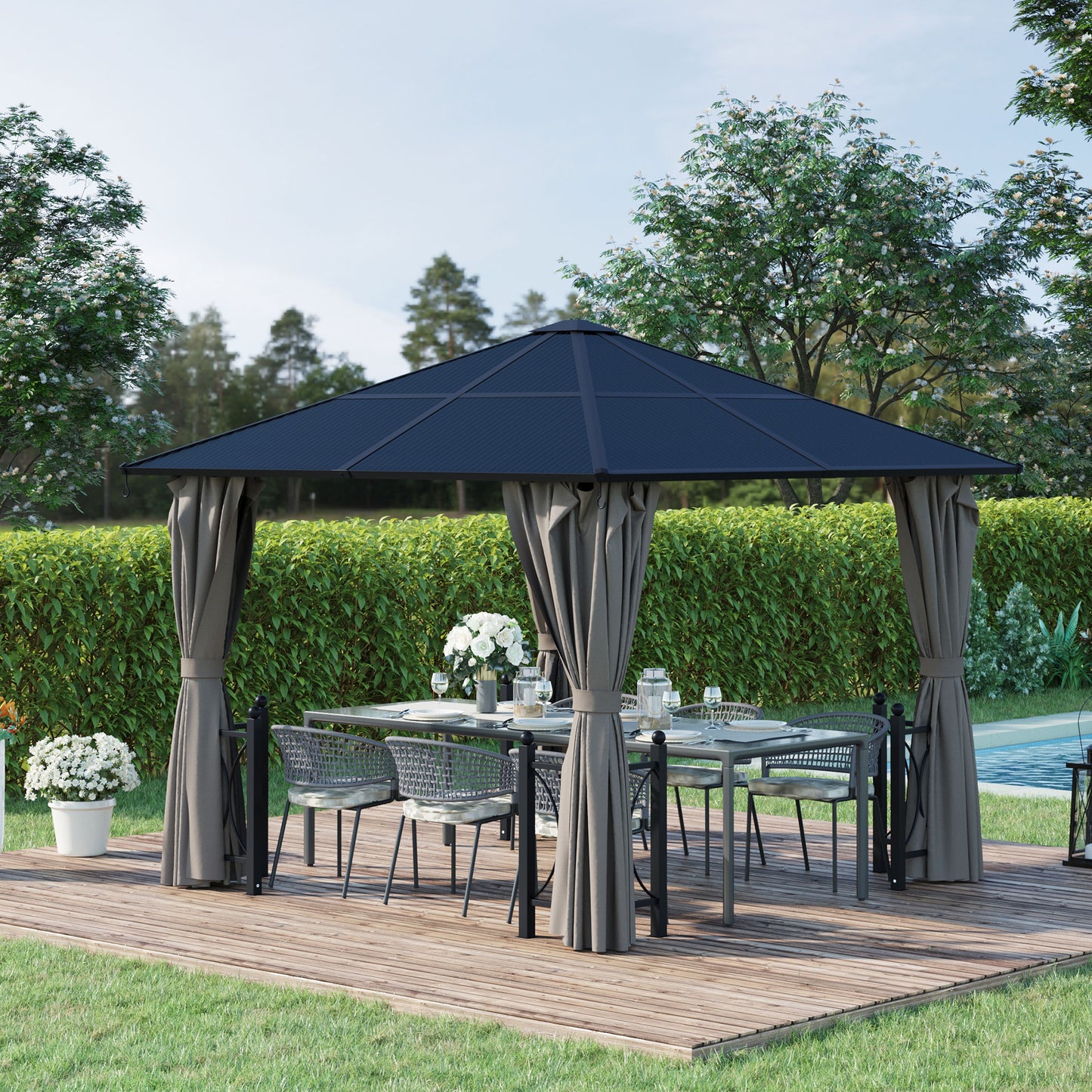 10' x 10' Hardtop Gazebo with PC Board Roof and Aluminum Frame, Patio Gazebo with Curtains and Netting for Party Wedding