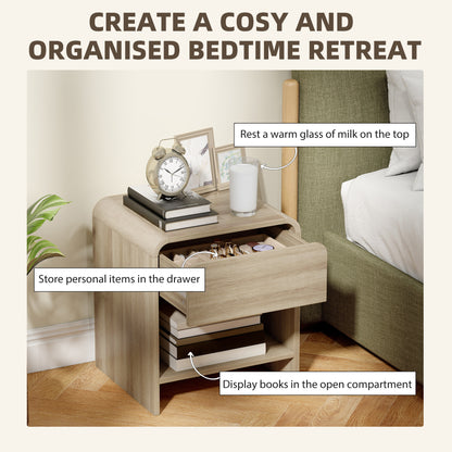 Nightstand Set of 2, Modern Bedside Table with Rounded Corners, Nightstand with Drawer and Open Shelf, Natural Wood