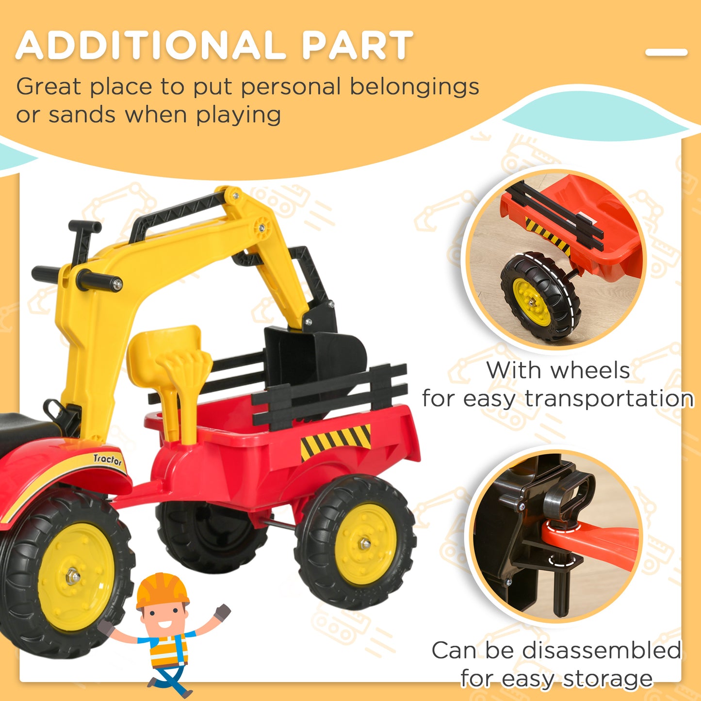 VarietyKart Ride on Toy Dump Truck for Kids, Pedal Construction Car with Detachable Trailer for 3 Years Old, Red