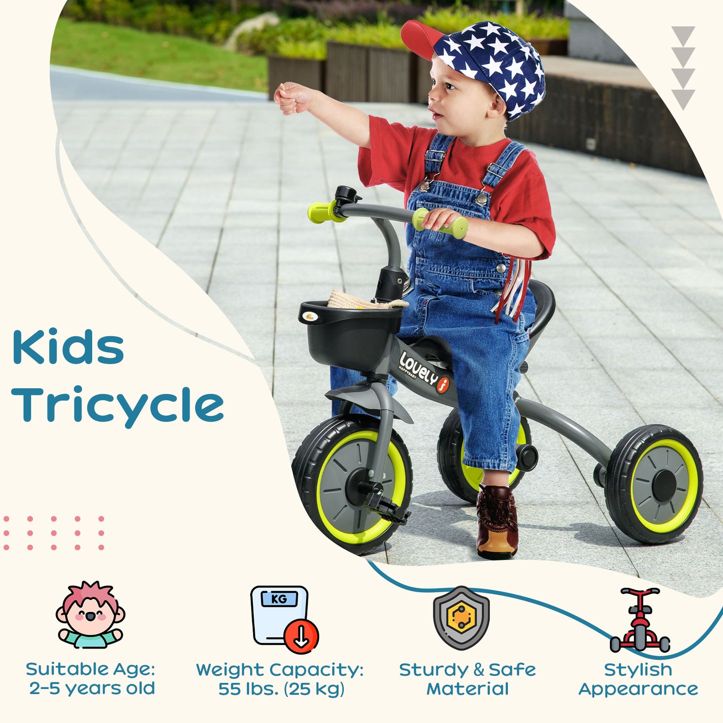 Qaba Tricycle for Toddler 2-5 Year Old Girls and Boys, Toddler Bike with Adjustable Seat, Basket, Bell, Black