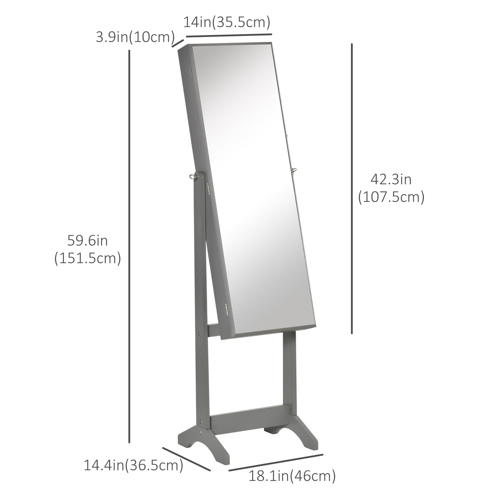 Mirror Jewelry Cabinet Armoire, Lockable Jewelry Organizer with Full-Length Mirror, 3 Angle Adjustable, Grey