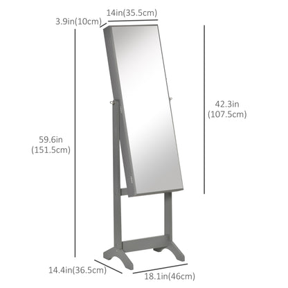 Mirror Jewelry Cabinet Armoire, Lockable Jewelry Organizer with Full-Length Mirror, 3 Angle Adjustable, Grey