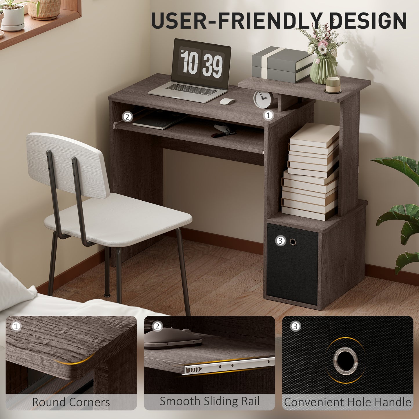 Computer Desk with Sliding Keyboard Tray Storage Drawer Shelf Home Office Workstation Grey