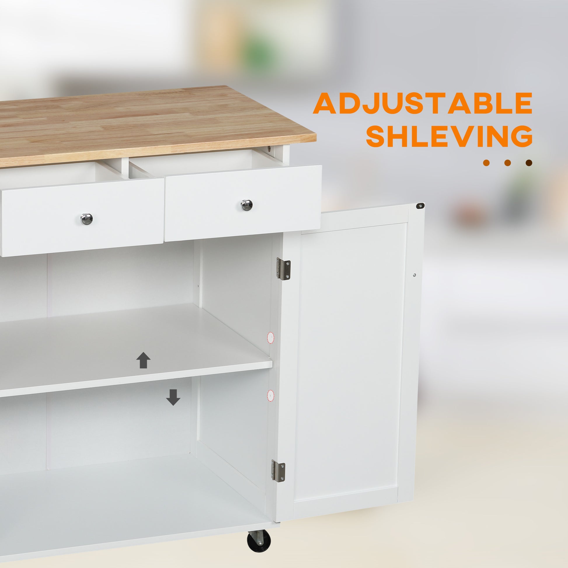 Rolling Kitchen Island with Storage, Kitchen Cart with Rubber Wood Top, Adjustable Shelf, Towel Rack, Hooks and Storage 