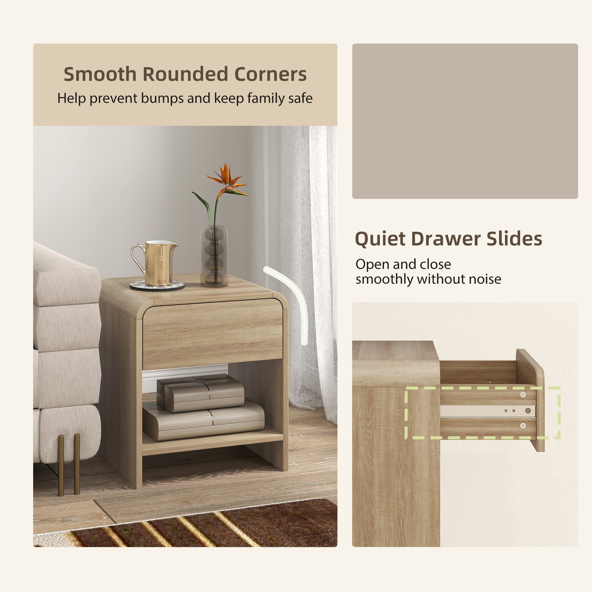 Nightstand Set of 2, Modern Bedside Table with Rounded Corners, Nightstand with Drawer and Open Shelf, Natural Wood