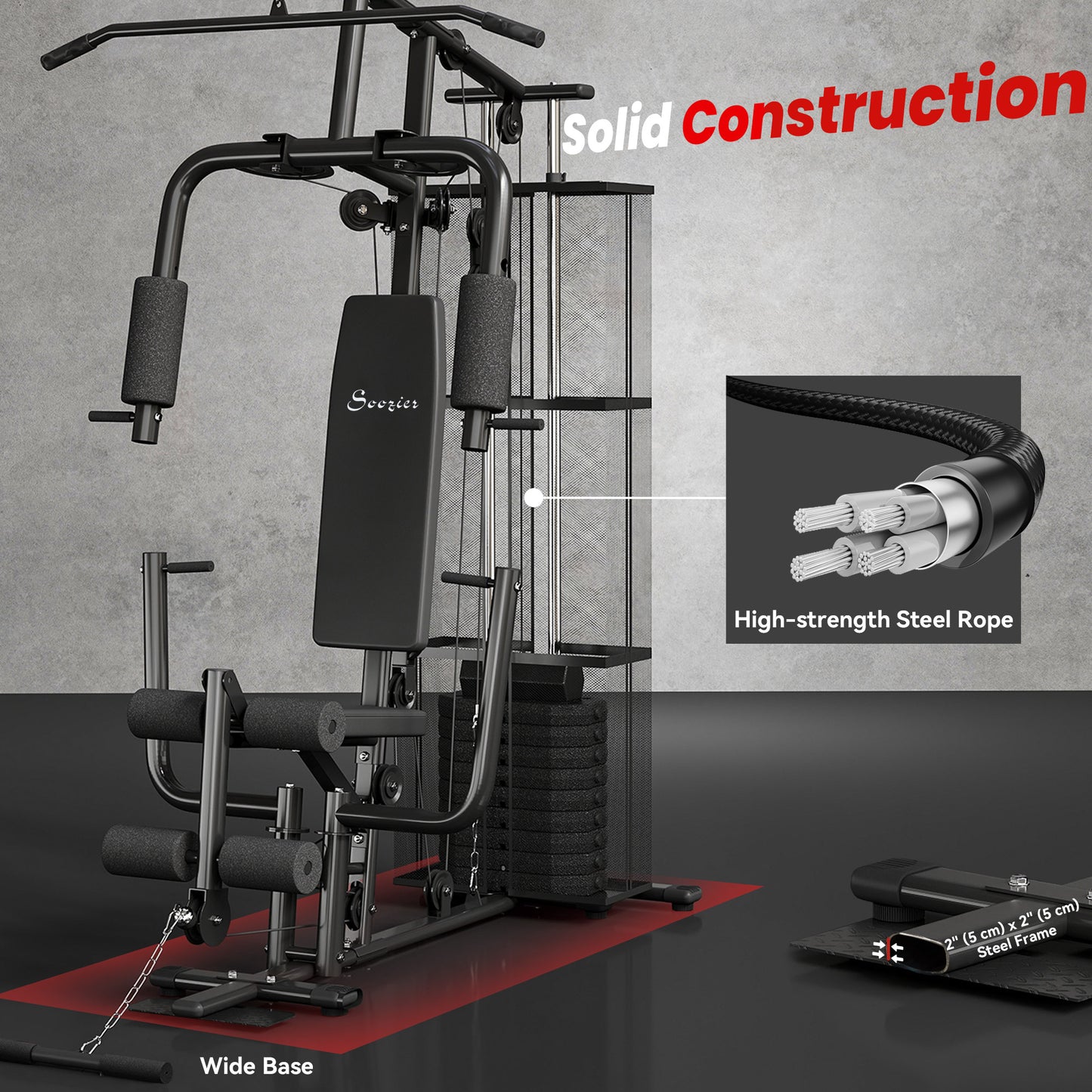 Soozier Home Gym, Multifunction Gym Equipment Workout Station with 100Lbs Weight Stack for Lat Pulldown, Leg Extensions,