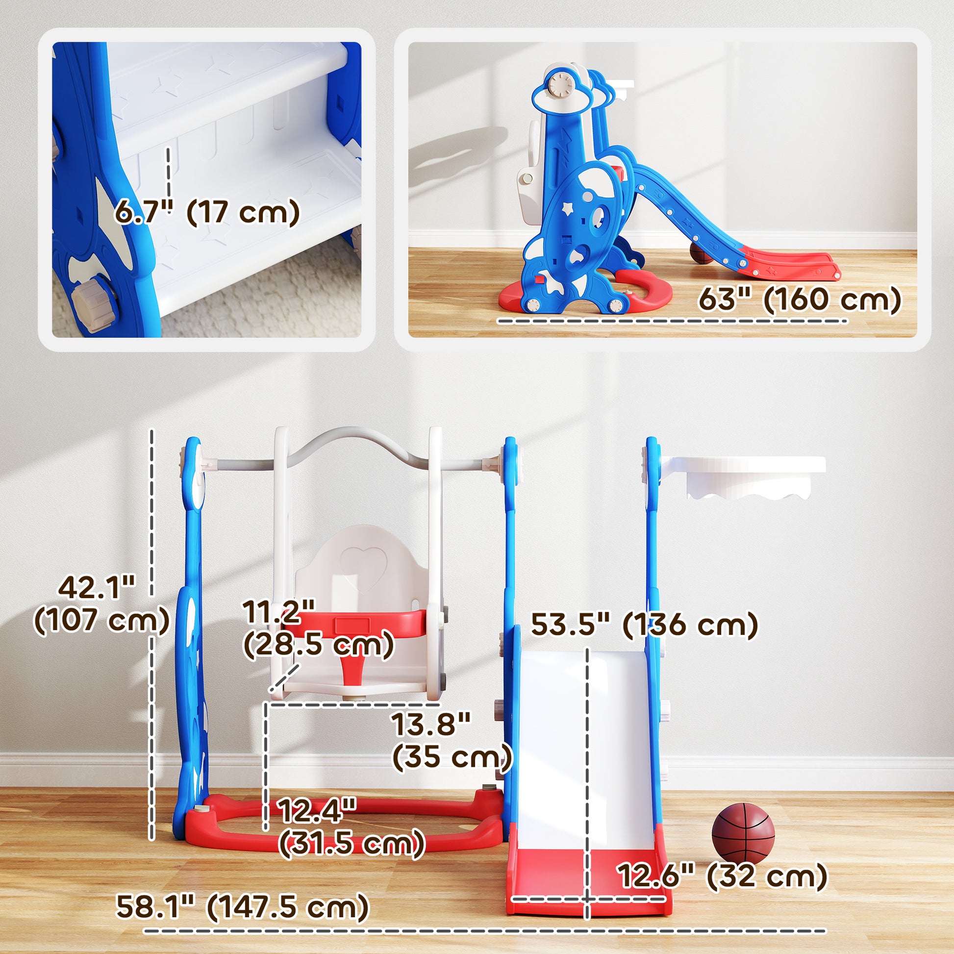 Qaba 4-in-1 Slide and Swing Set with Basketball Hoop, Climber, for Ages 1.5-4 Boys Girls Toddler, Rocket Themed, Dark Bl