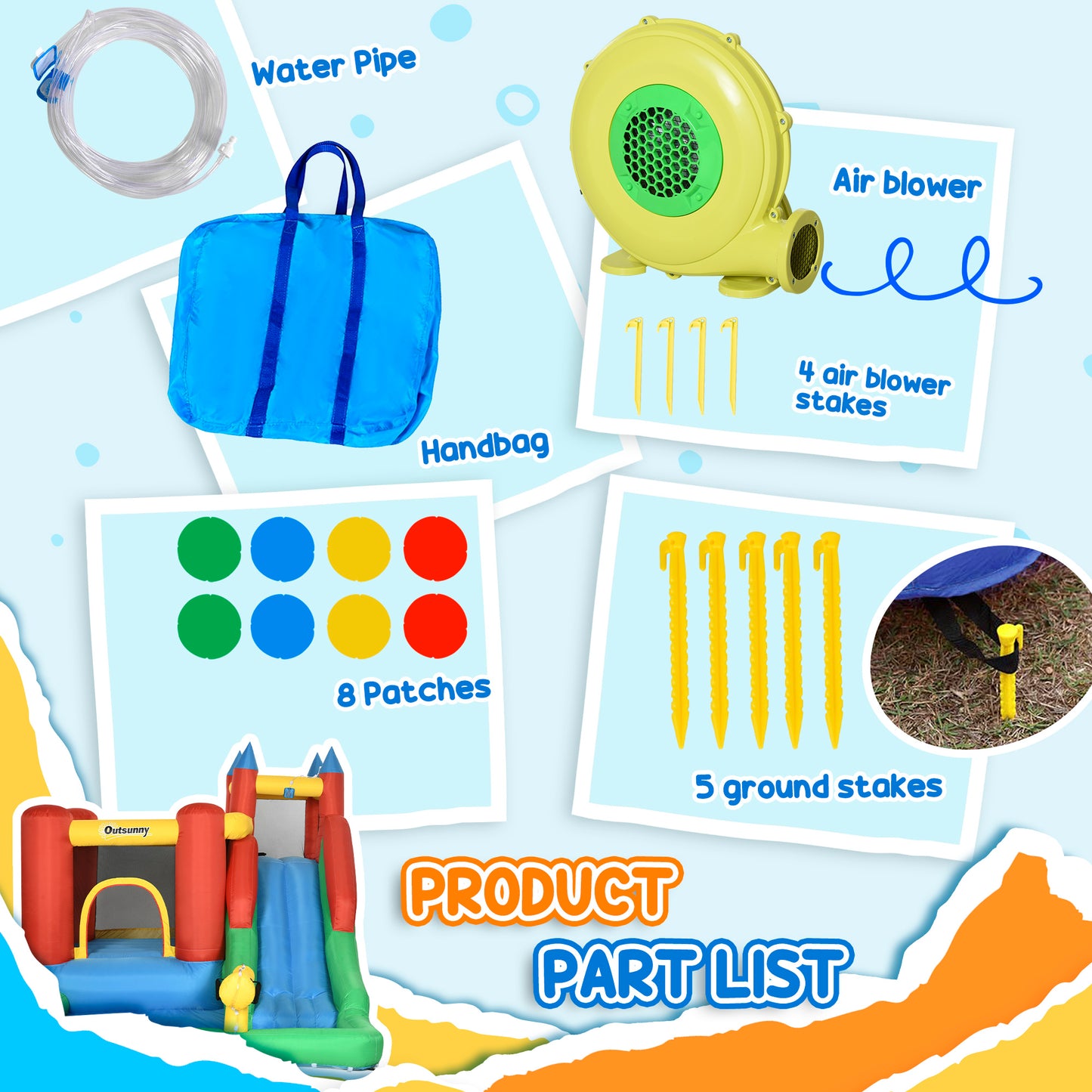 Kids Inflatable 6 in 1 Bouncy Castle House Trampoline Slide Water Pool Gun Climbing Wall Basket with Inflator for Kids A