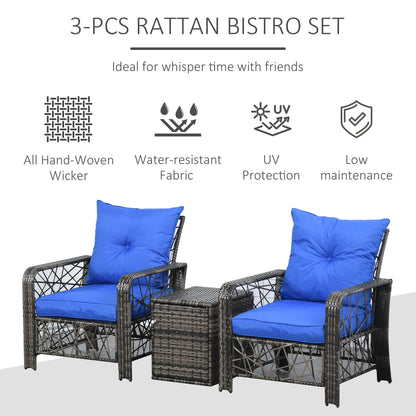 3 Pieces Wicker Patio Furniture Set, Rattan Bistro Set with Storage Coffee Table and Thickened Cushions, Outdoor Convers