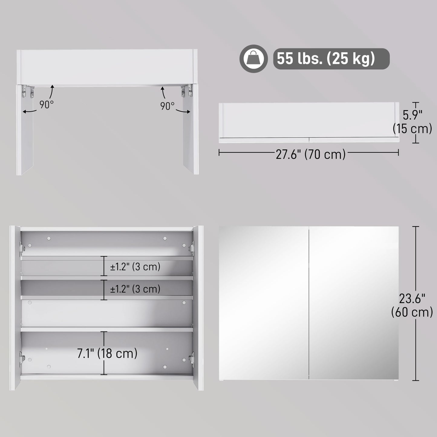 Wall Mount Mirrored Medicine Cabinet, Bathroom Mirror Cabinet with Adjustable Shelf, Double Soft Closing Doors, Light Li