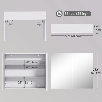 Wall Mount Mirrored Medicine Cabinet, Bathroom Mirror Cabinet with Adjustable Shelf, Double Soft Closing Doors, Light Li