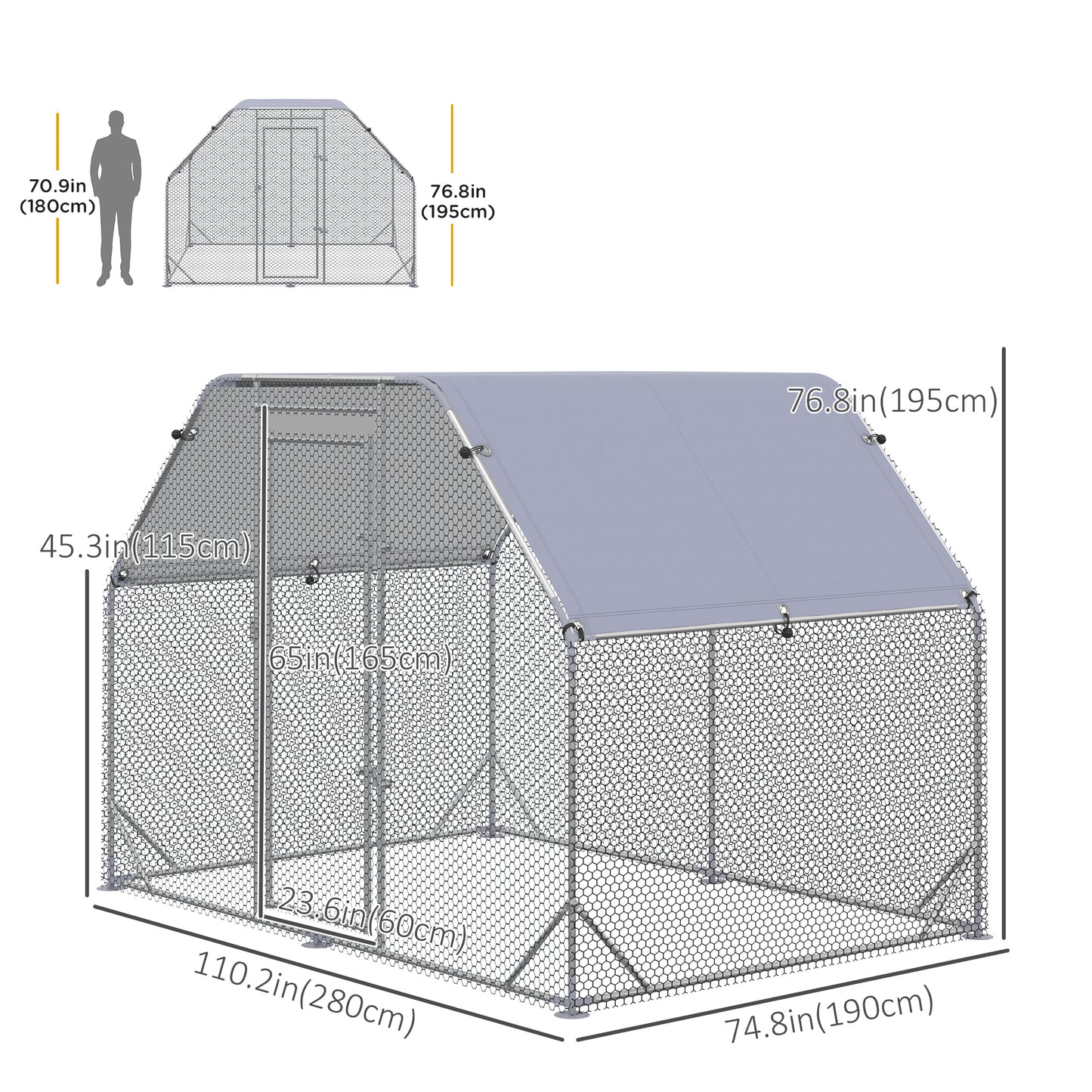 Chicken Run Outdoor, Galvanized Large Metal Chicken Coop Cage, Walk-in Enclosure Poultry Hen Run House Playpen Rabbit Hu