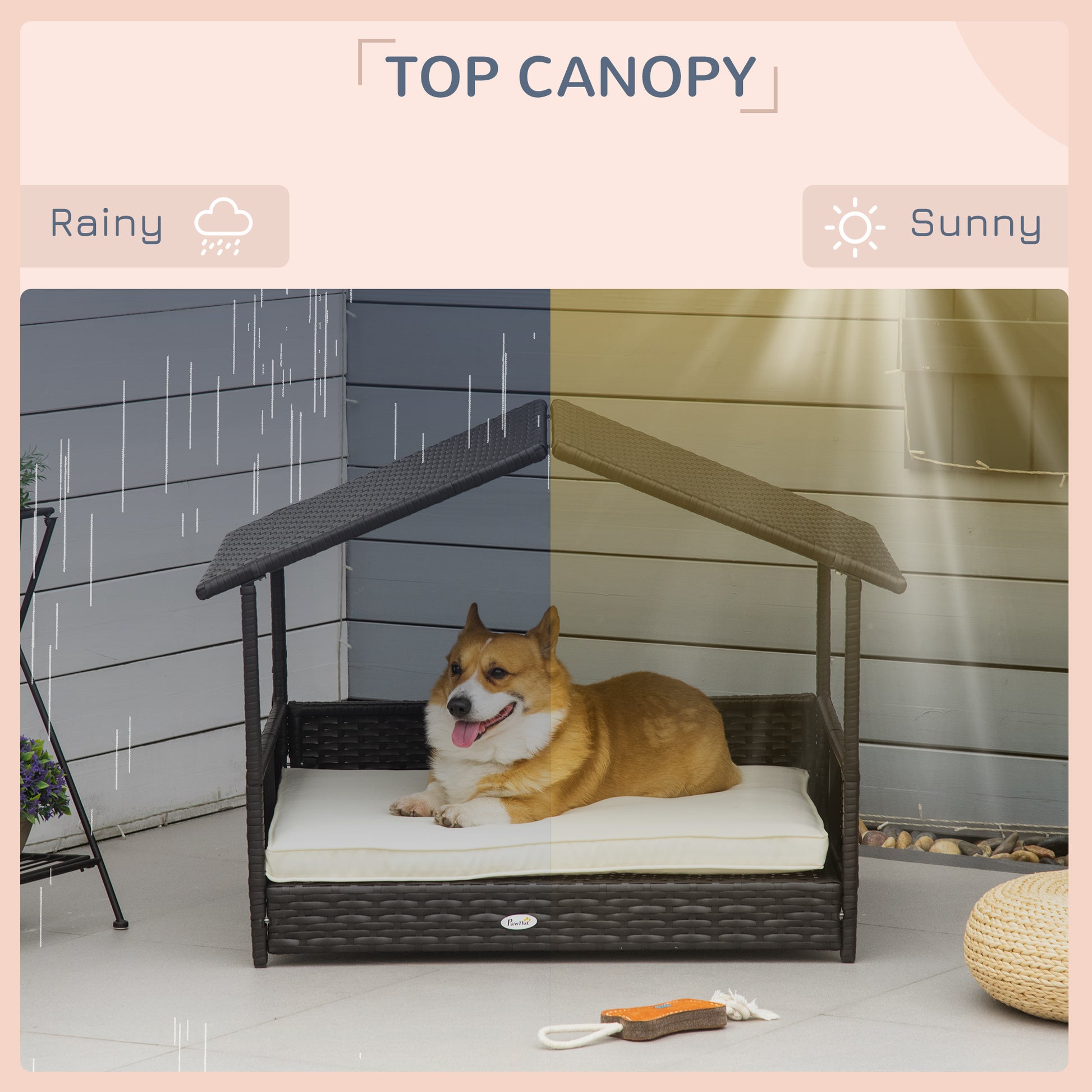 Elevated Rattan Dog House Outdoor with Canopy, Wicker Dog Bed with Water-Resistant Cushion, for Small and Medium Dogs Cr