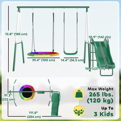 Qaba Metal Swing Set with Slide, Saucer Swing Seat, Heavy Duty A-Frame Stand and Adjustable Rope for Backyard, Dark Gree