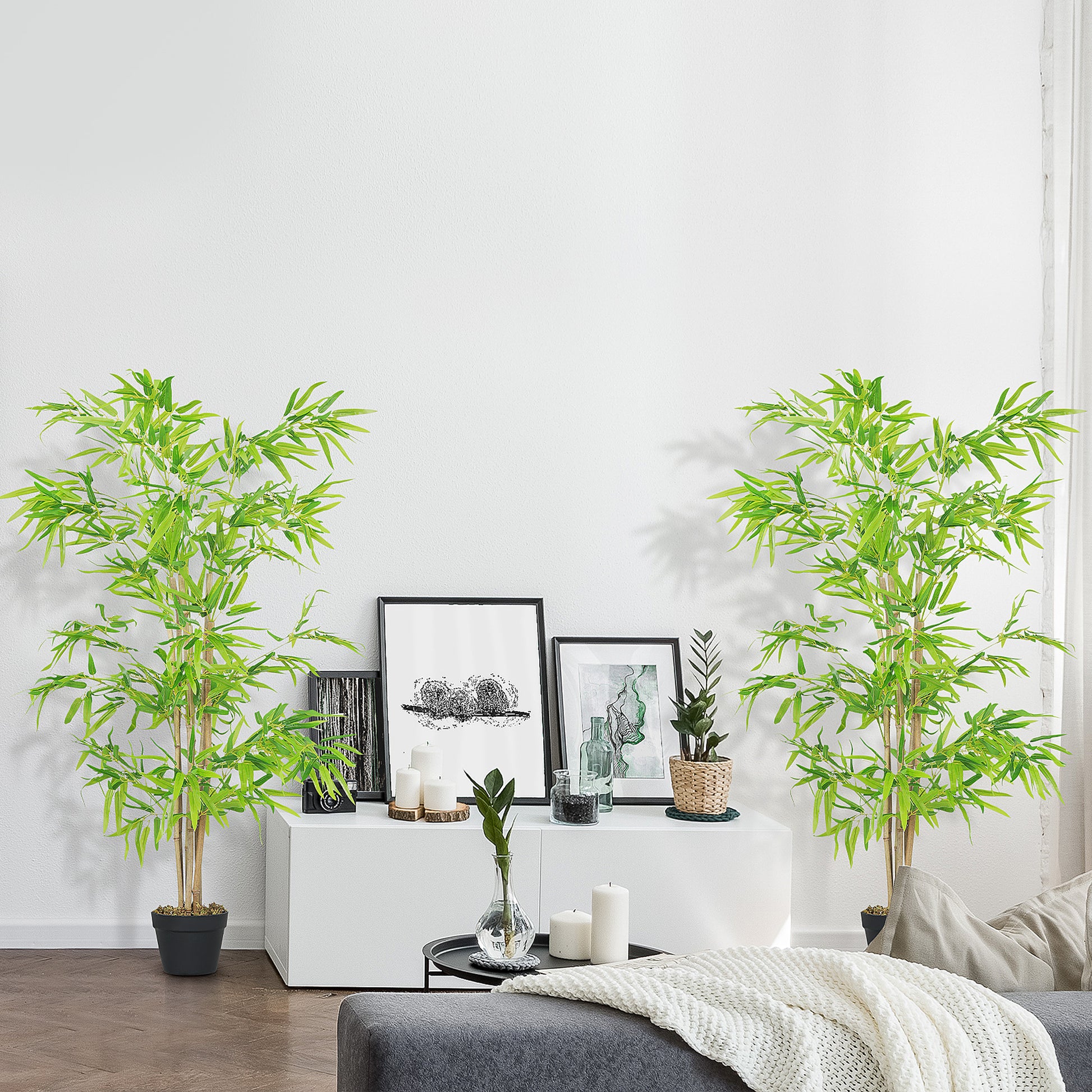 Artificial Bamboo Tree Set of 2, 5ft Fake Tree with Realistic Leaf and Natural Trunk, Decorative Plant in Nursery