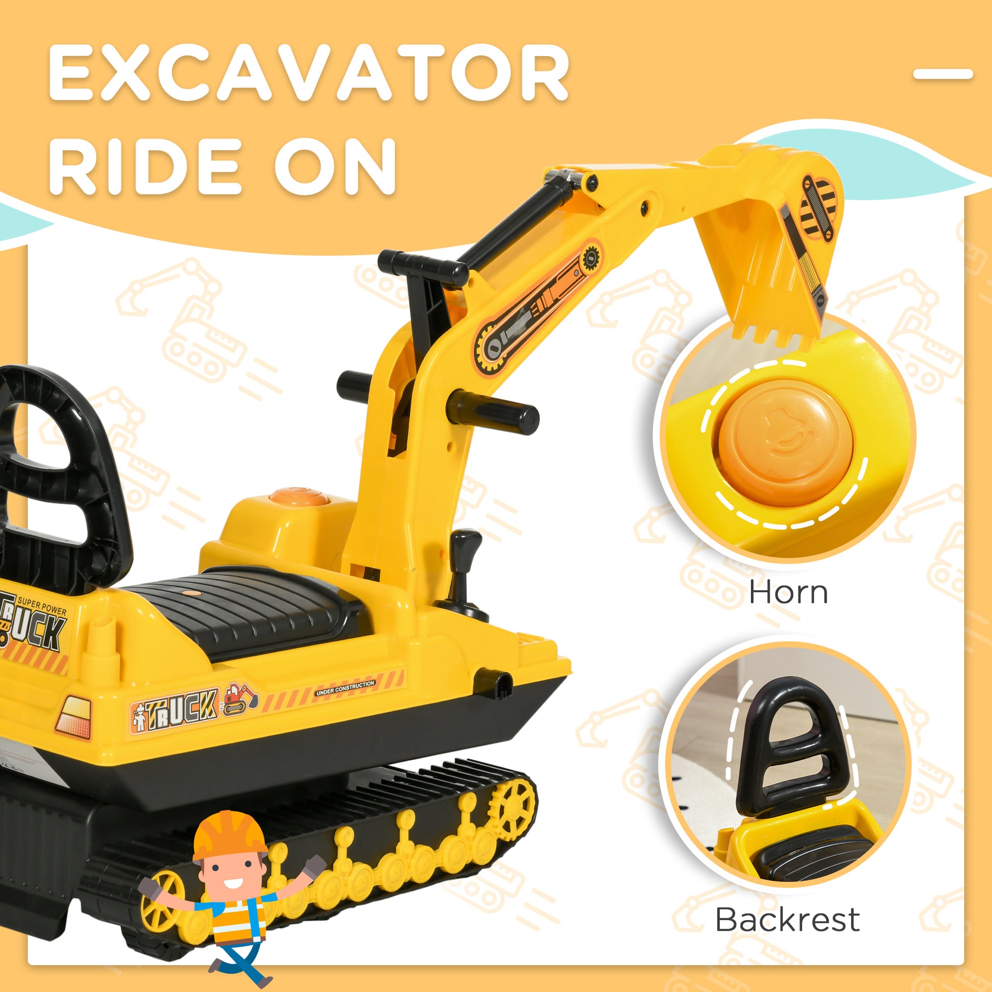 Qaba Kids Ride-on Excavator with Digger, Pretend Play Construction Truck with Under Seat Storage, Realistic Sound, Tread