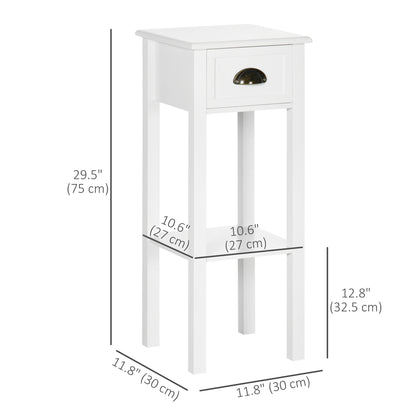 2 Tier Side Table, Set of 2, Narrow Tall End Table with Drawer and Shelf, Slim Wooden Nightstand for Living Room, Bedroo