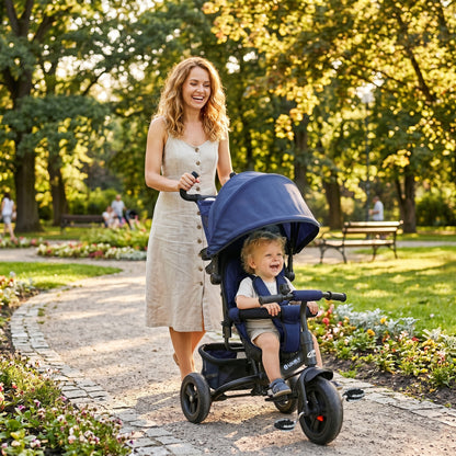 Qaba 6 in 1 Tricycle for Toddler 1-5 Years with Parent-Push Handle, Dark Blue