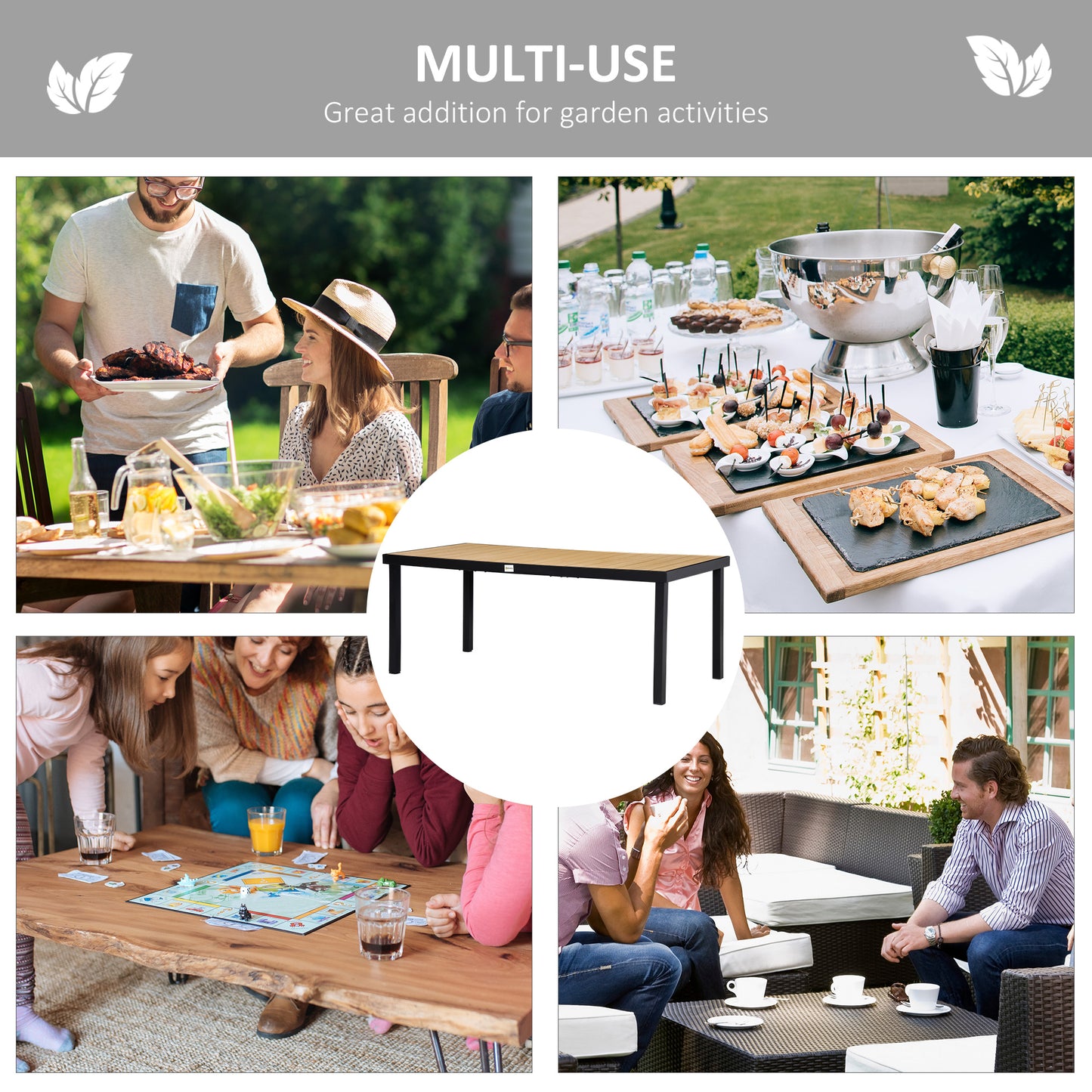 75" x 35" Outdoor Dining Table for 8 People, Rectangular Aluminum Frame Garden Table with All-Weather Faux Wood Top for 