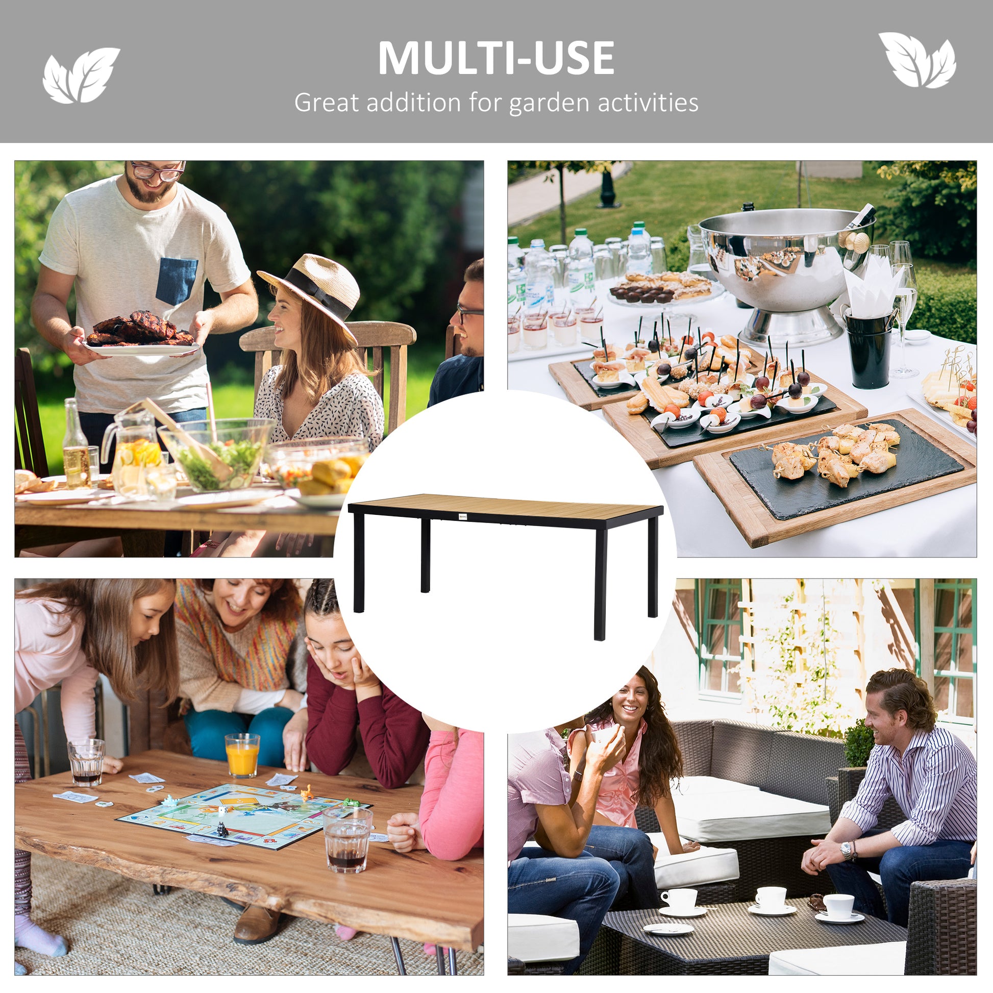 75" x 35" Outdoor Dining Table for 8 People, Rectangular Aluminum Frame Garden Table with All-Weather Faux Wood Top for 