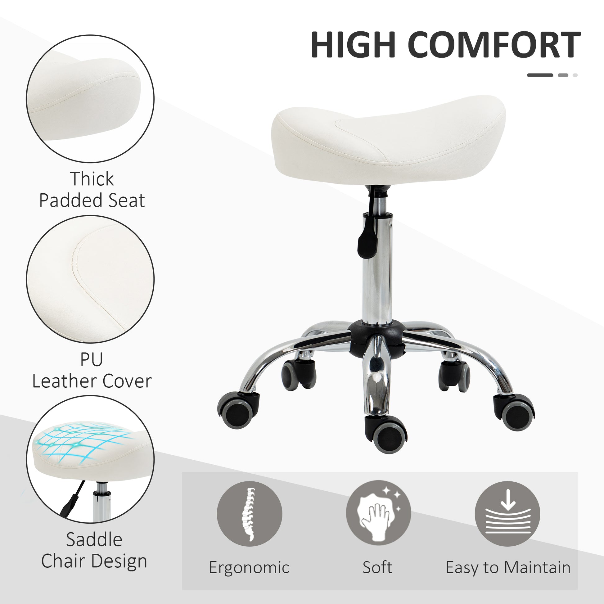 Ergonomic Saddle Stool with Wheels, Adjustable PU Leather Saddle Chair, 360° Swivel, NO Back Pain, Healthy Posture, Salo