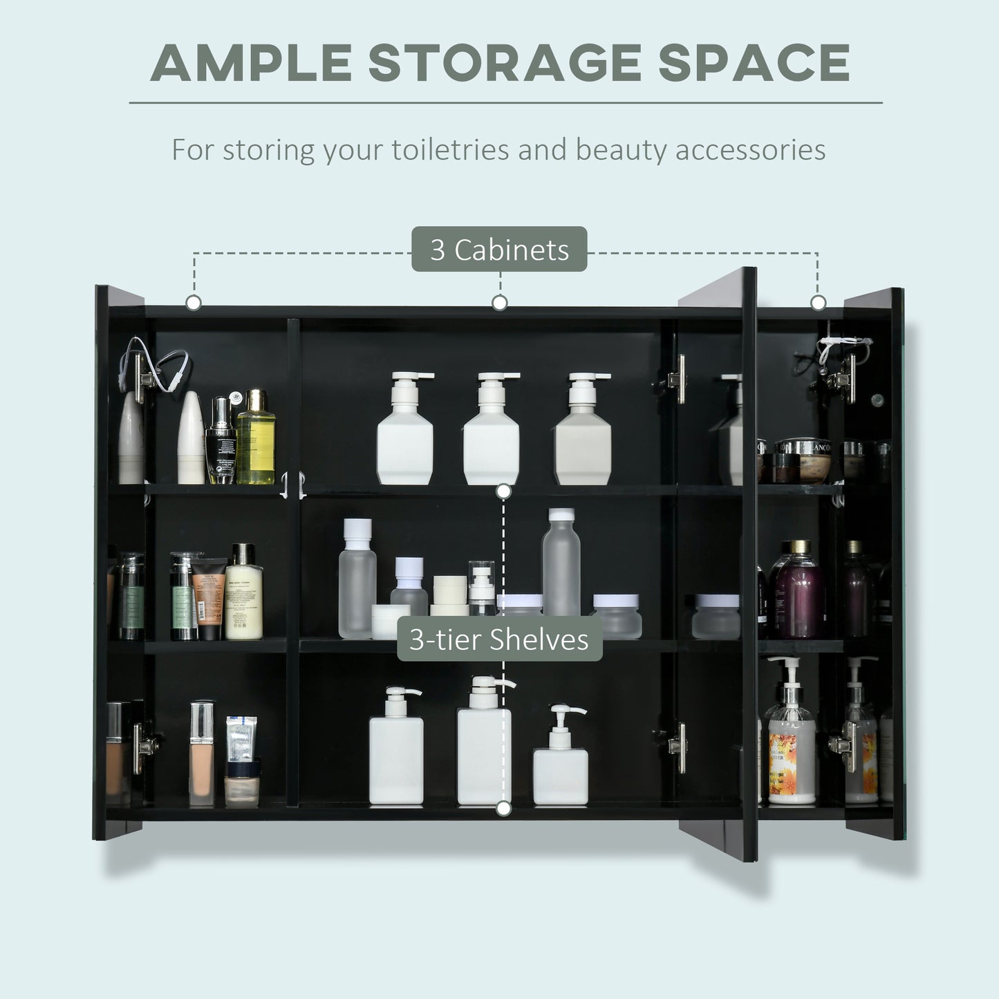 Bathroom Mirror Cabinet with LED and Adjustable Shelves, Wall Mounted Medicine Cabinet, High Gloss Black