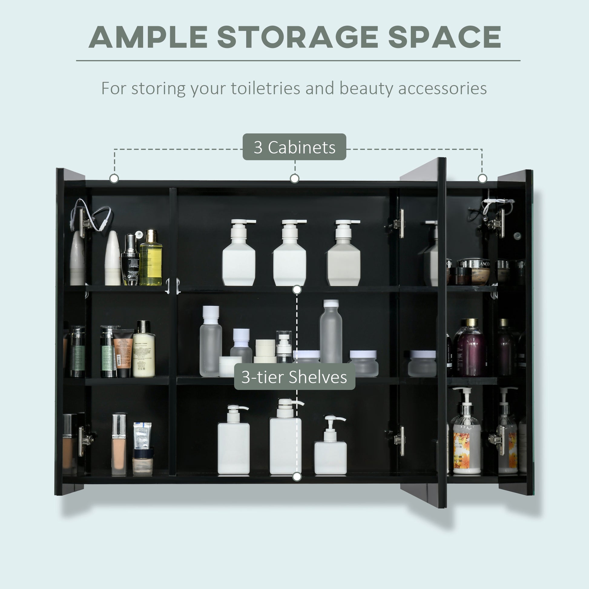 Bathroom Mirror Cabinet with LED and Adjustable Shelves, Wall Mounted Medicine Cabinet, High Gloss Black