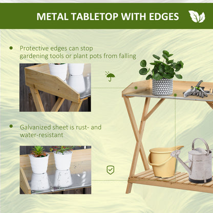 Garden Potting Bench Table, Wooden Work Station, Outdoor Planting Workbench w/ Galvanized Metal Tabletop and Storage She