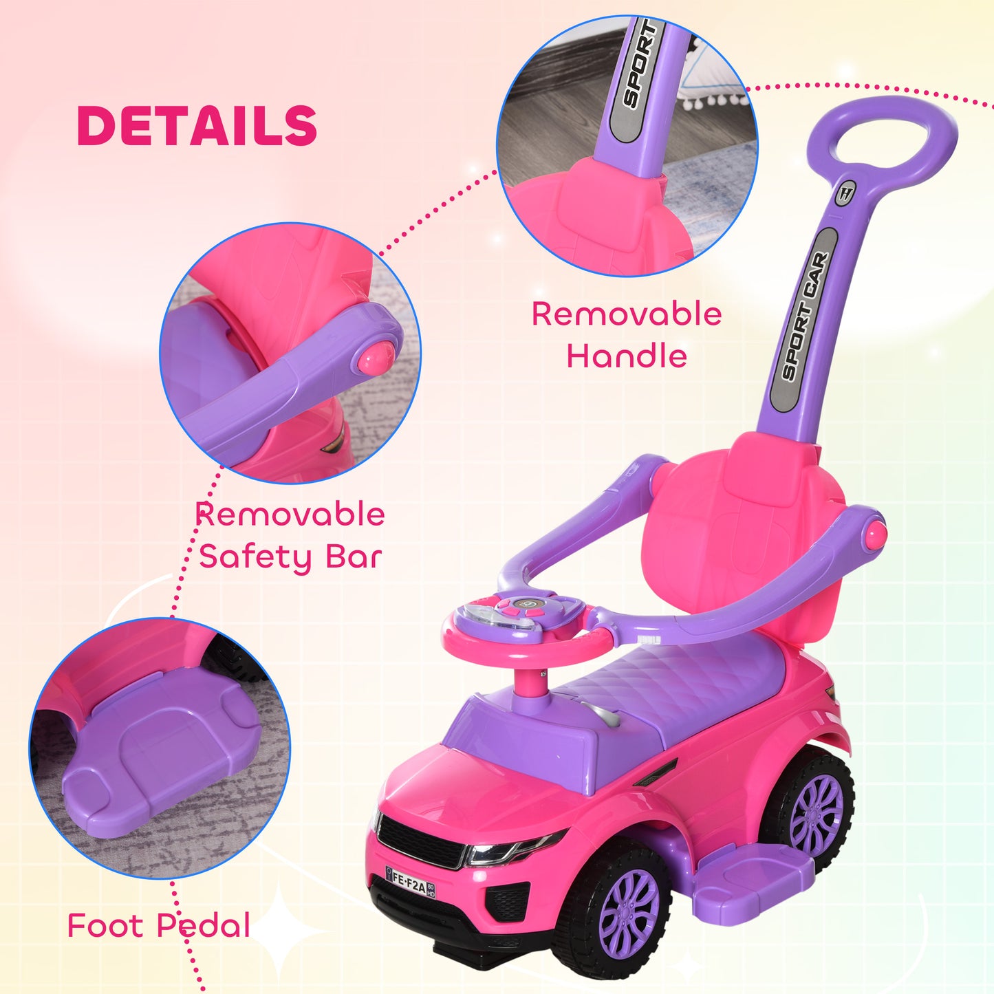 VarietyKart 3 in 1 Kid Ride on Push Car, Toddlers Sliding Walking Car, with Horn, Music, Light, Parent Control Handle, S