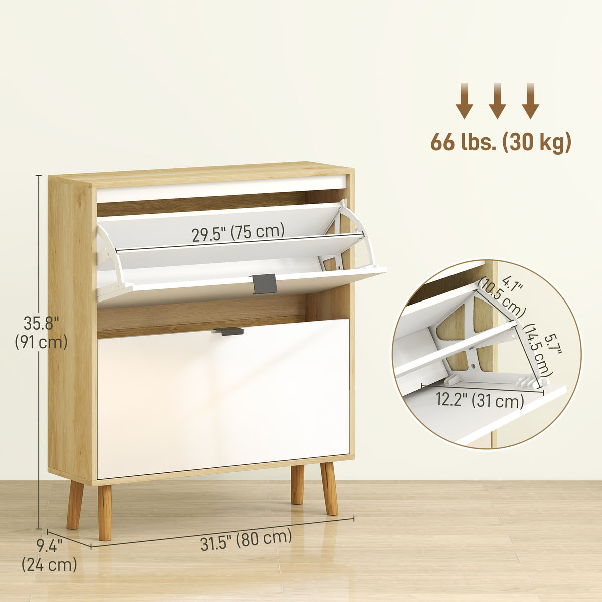 Narrow Shoe Cabinet, High Gloss Shoe Storage Cabinet with 2 Flip Drawers and Adjustable Shelves, Holds 16 Pairs, White